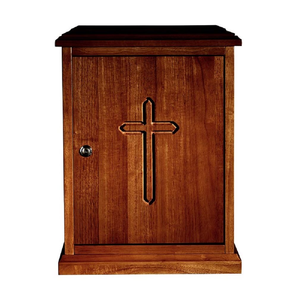 Tabernacle en bois teinté noyer, 38 x 51 x 35 cm