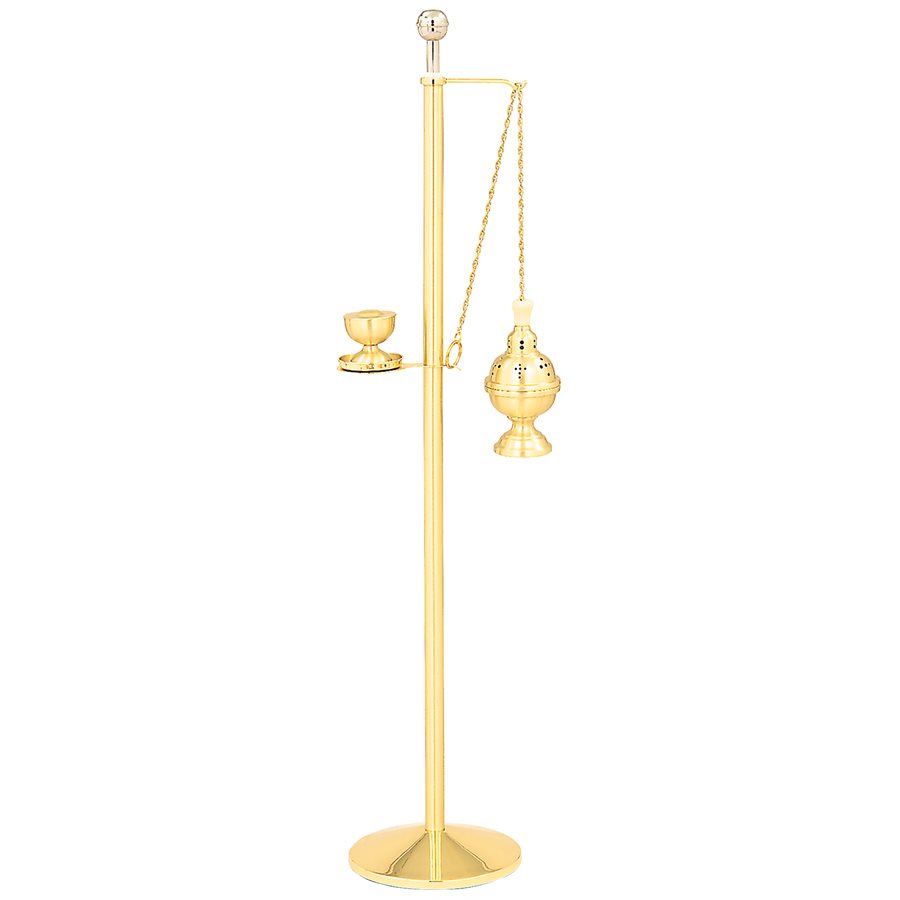 Censer Stand, Brass Two-Tone w / Holy Water Sprinkler, 50''Ht