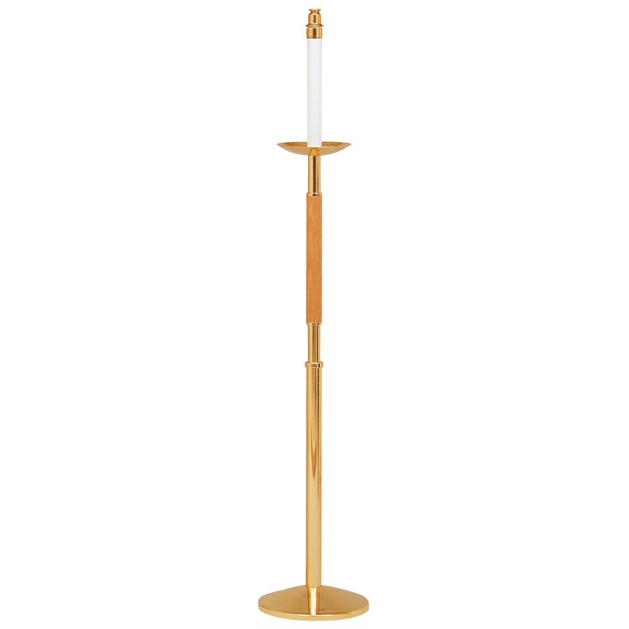 Floor Candle Holder, Brass / Oak Combination 44'' H.