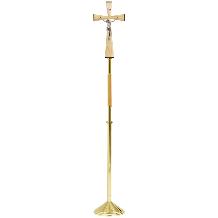 Croix de procession laiton poli et chêne 80'' H. x 12'' base