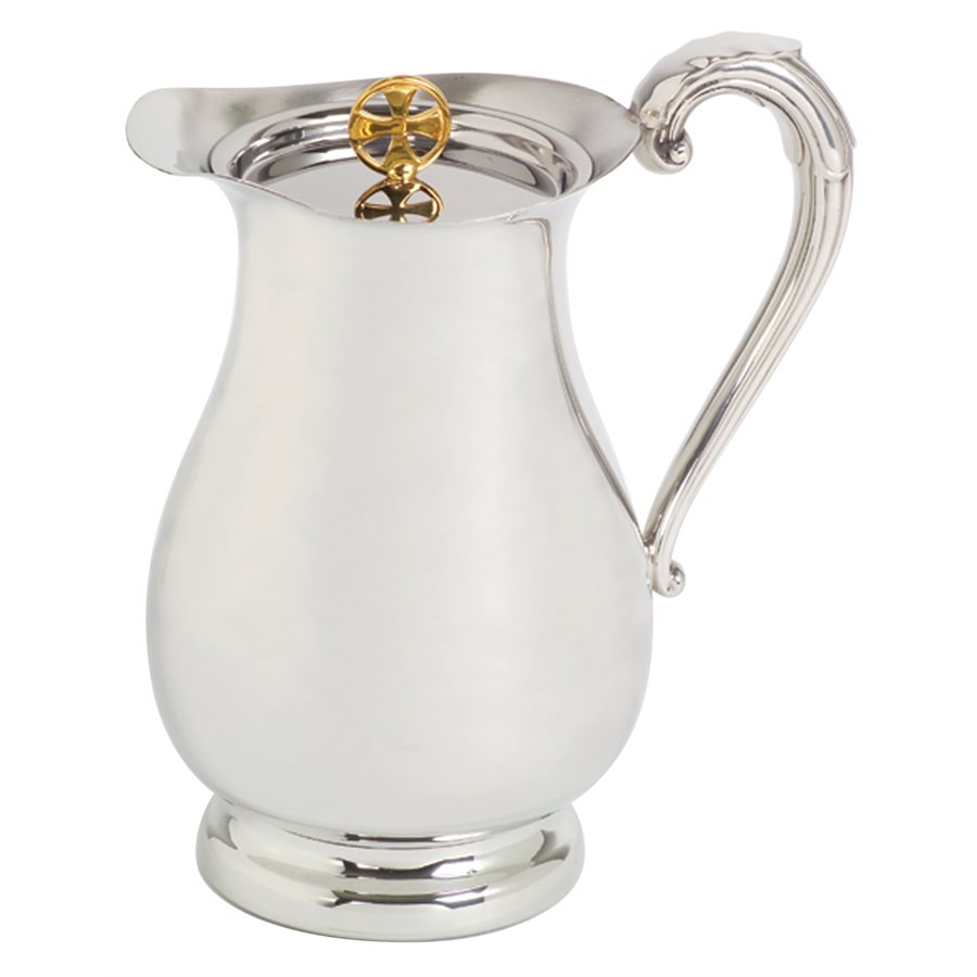 Bright Finish Pewter Flagon, Gold Plated Cross, 38 oz. 8.5"H