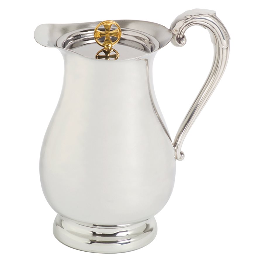 Carafe en étain poli avec croix plaqué or 38 oz., 8.5" H.