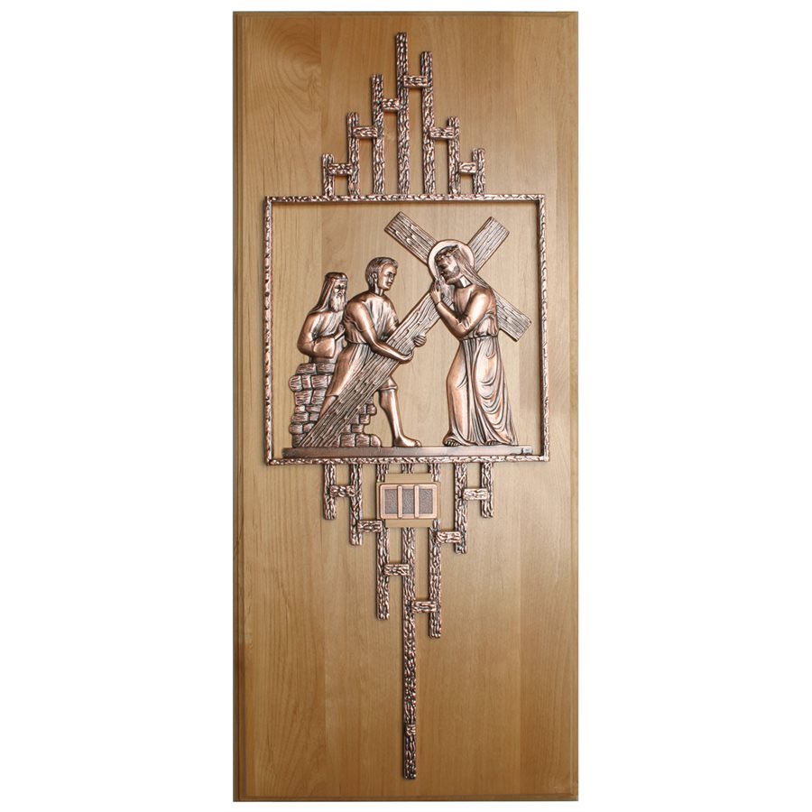 Chemin de croix en bronze sur bois 32'' x 13.5'' / 14 Stat.