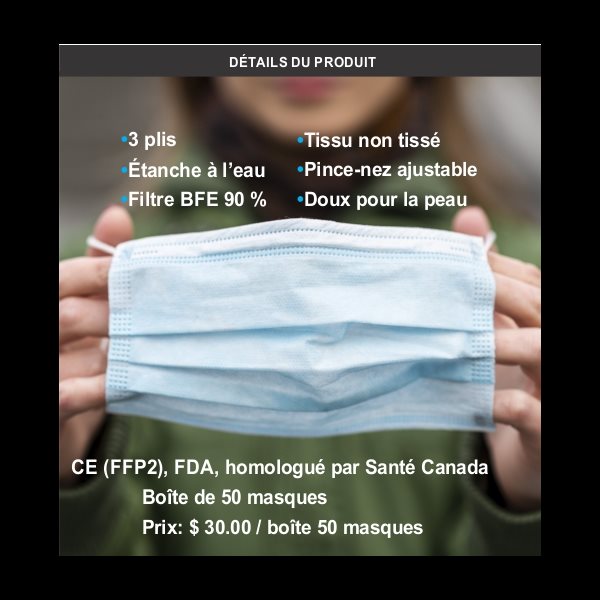 Masque 3 plis Homologué par Santé Canada  /  bte de 50