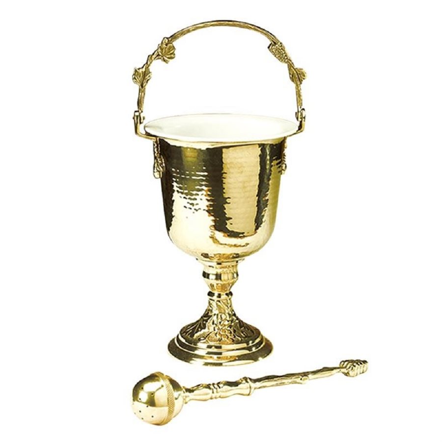 Brass Hammered Holy Water Pot with Sprinkler Set, 14" Ht.