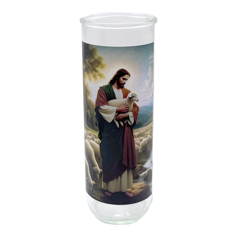 Contenant de verre, Bon Pasteur, 7,6 x 21 cm / un Contenant de verre, Bon Pasteur, 7,6 x 21 cm / un