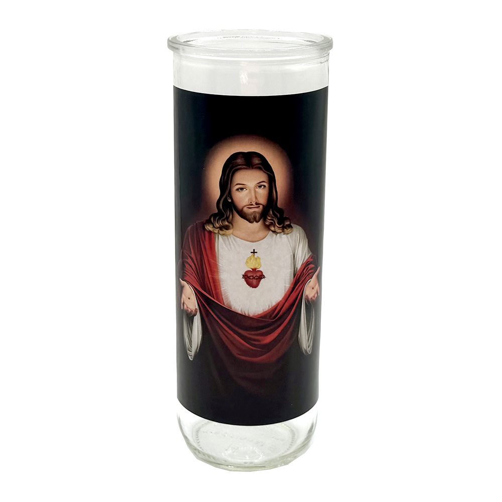 Contenant de verre, Sacré Coeur Jésus, 7,6 x 21 cm / un Contenant de verre, Sacré Coeur Jésus, 7,6 x 21 cm / un